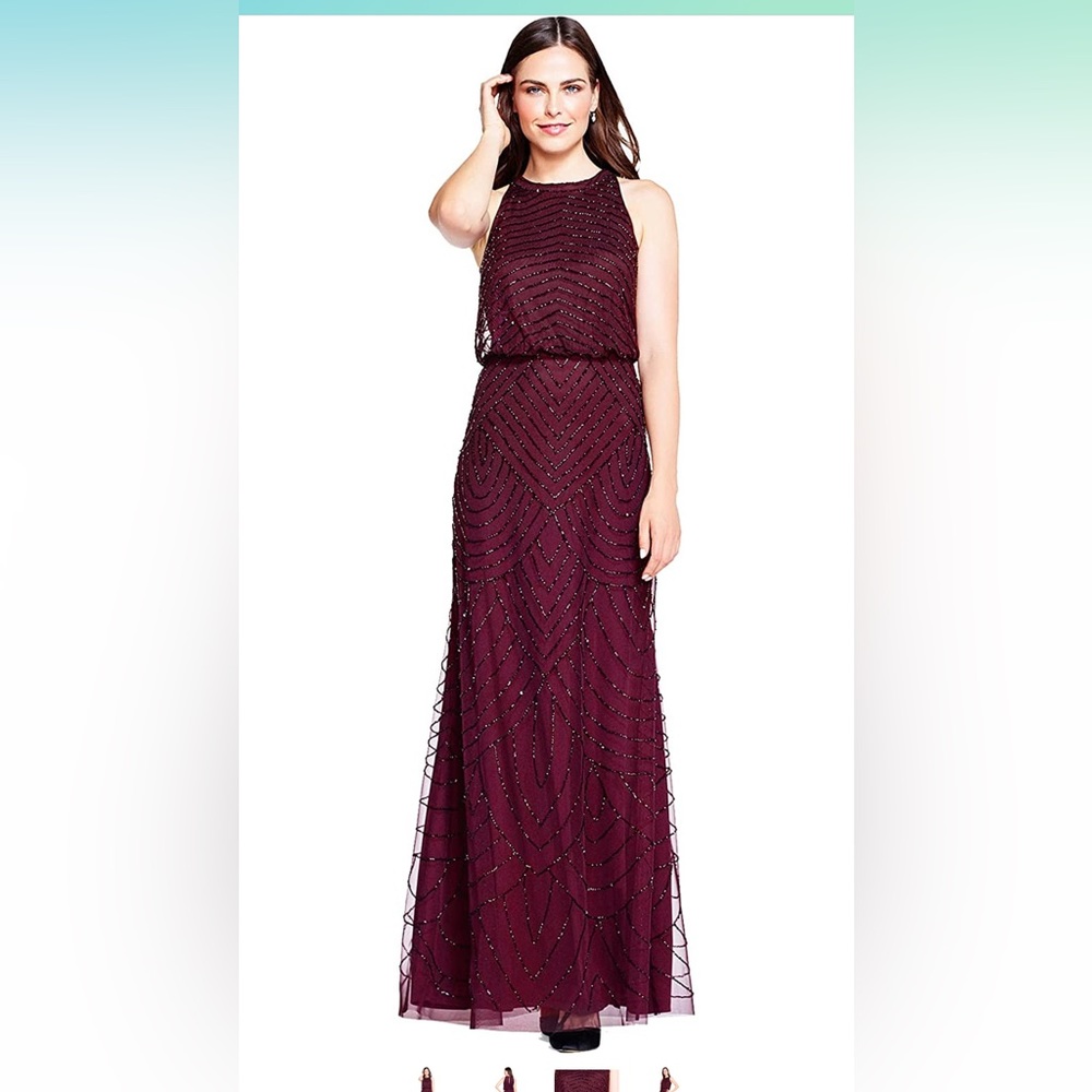 Adrianna Papell ART DECO BEADED BLOUSON DRESS WITH HALTER NECKLINE IN CASSIS